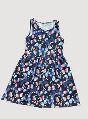 Girls Sleeveless Frock - Ink Blue And Butterfly