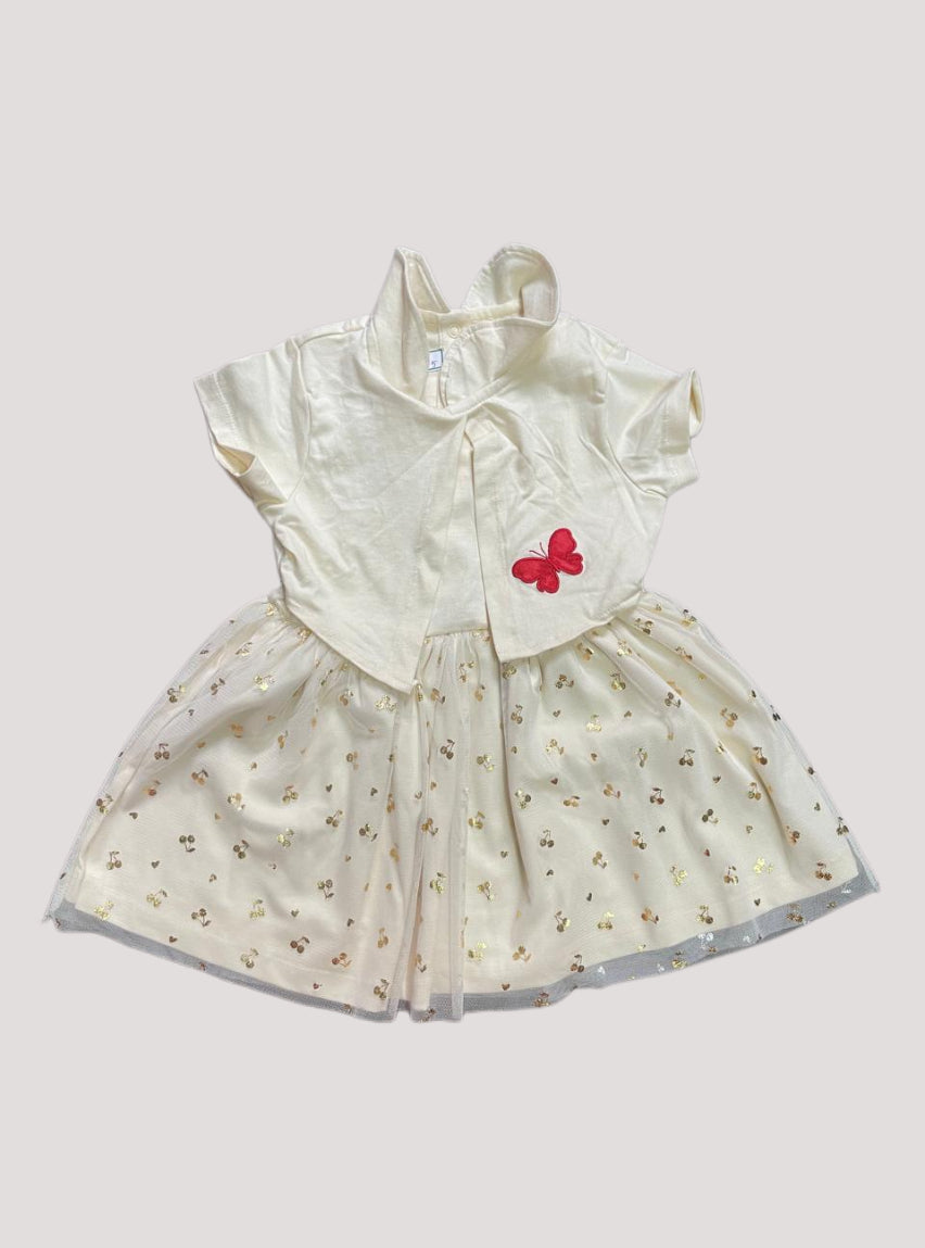 Girls Half Sleeve Frock - Light Yellow and Red Butterfly