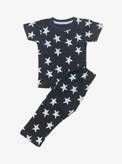Kids Half Sleeve T - Shirt Pant Set - Black White Star