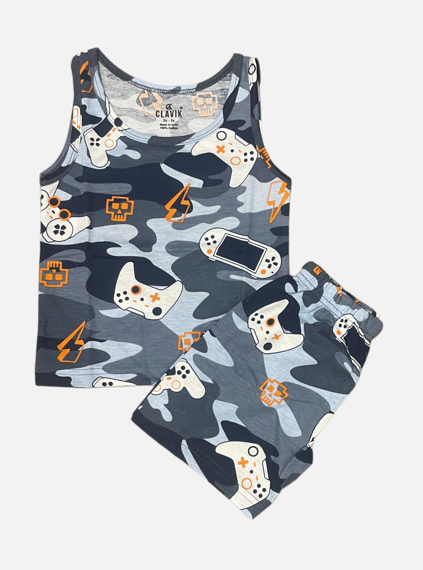Kids Sleeveless T - Shirt Shorts Set - Army Design Game Joystick