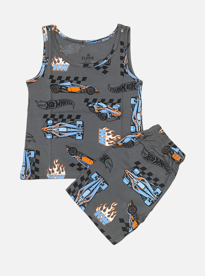 Kids Sleeveless T - Shirt Shorts Set - Dark Gray Race Car
