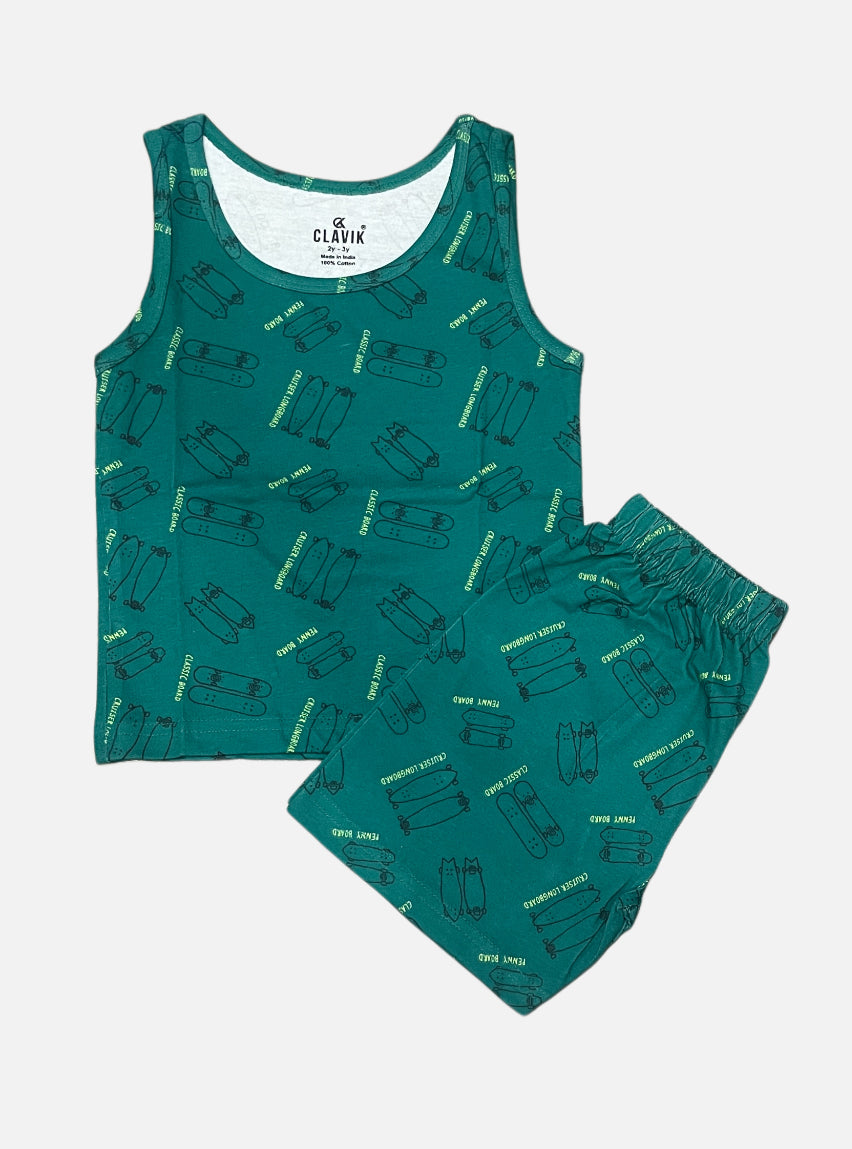 Kids Sleeveless T - Shirt Shorts Set - Green Skating Board