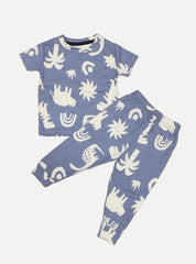Kids T-Shirt Pant Set - Blue Base Tree Animals