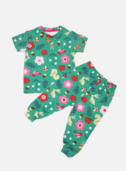 Kids T-Shirt Pant Set - Green Base Flower and Rabbit