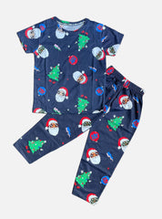 Kids T-Shirt Pant Set - Navy Blue Christmas Theme
