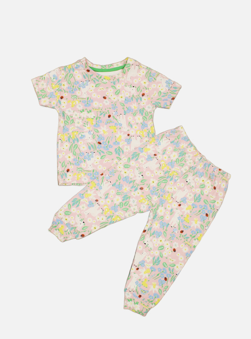 Kids T-Shirt Pant Set - Pink Base White Flower's