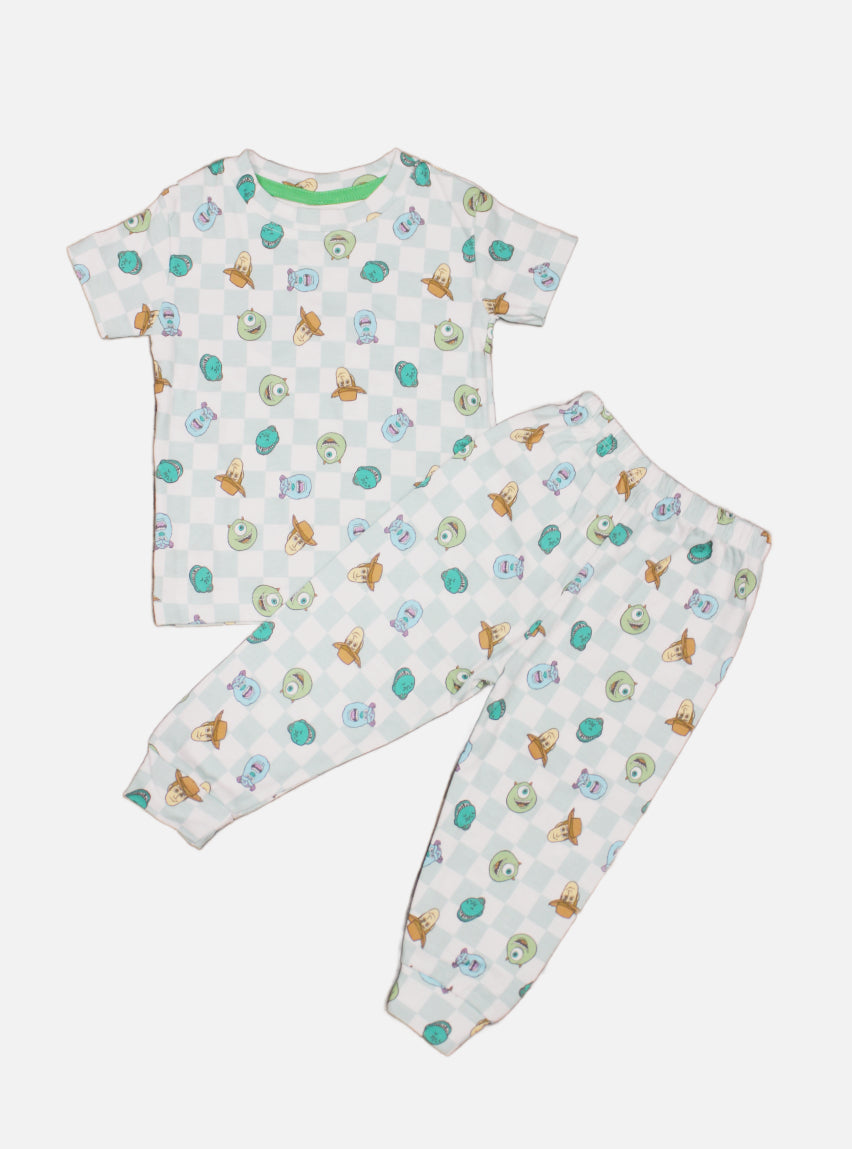 Kids T-Shirt Pant Set - White Green Check Cartoon Face
