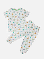 Kids T-Shirt Pant Set - White Green Check Cartoon Face