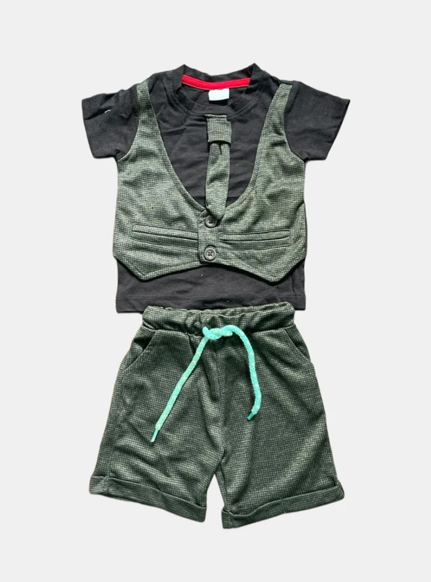 Coat Shorts Set - Black Green Small Check
