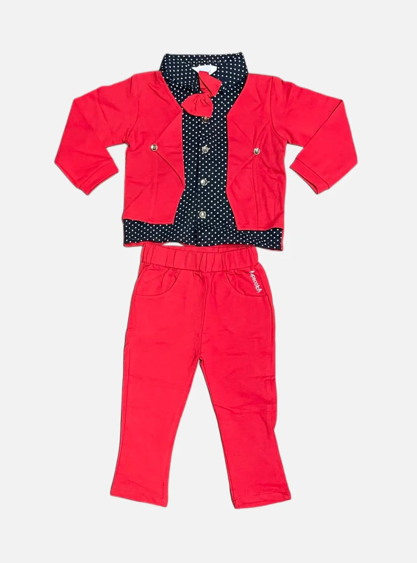 Coat Pant Set - Red Dark Blue White Dots