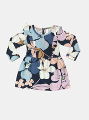 Kids Full Sleeve Frock - Ink Blue Pink Flower