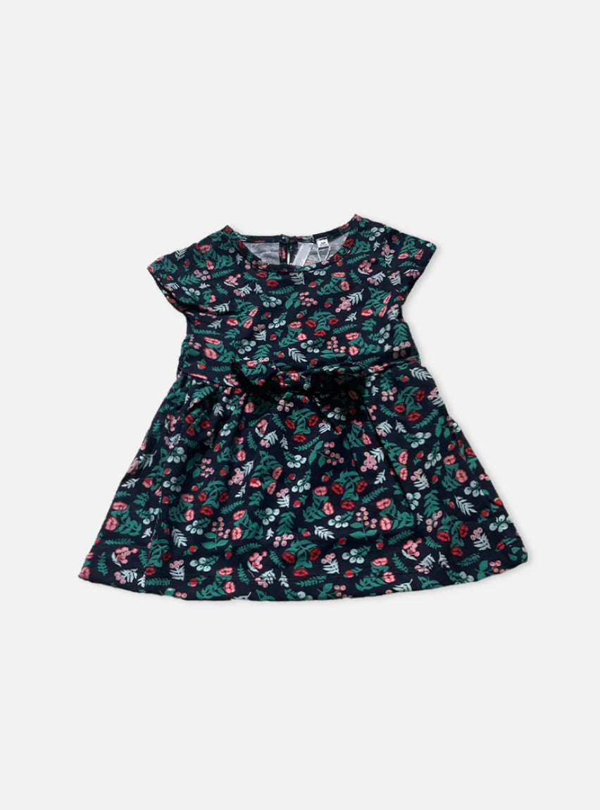 Half Sleeve Frock - Red Green Floral Navy Blue