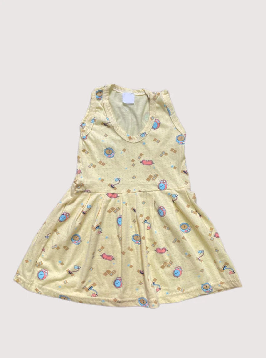 Girls Sleeveless Frock - Yellow and clock