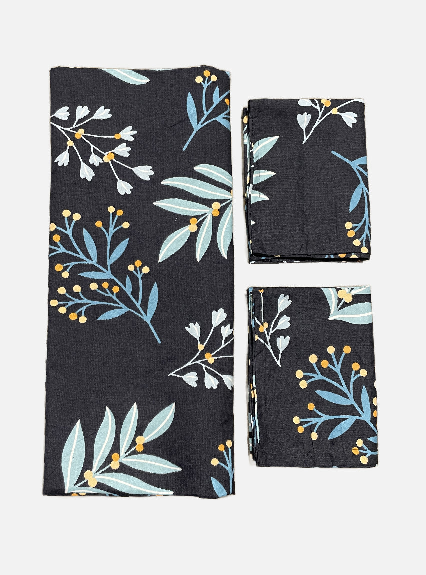 Glace Cotton Queen Size Full Bedspread - Navy Blue Light Blue Leaf Small Flower's