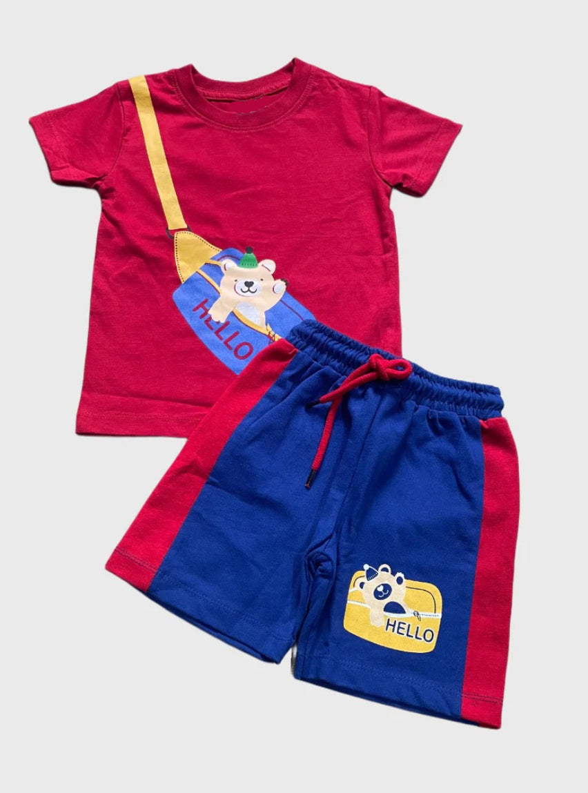 SS MG Tee LK Shorts Boys Sets - Bear Red Tee Blue Shorts