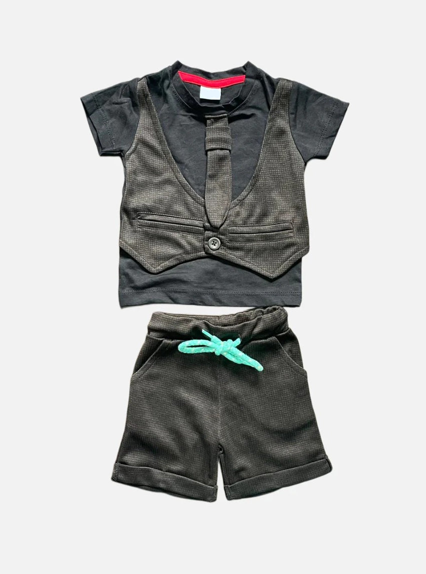 Coat Shorts Set - Black Brown Small Check