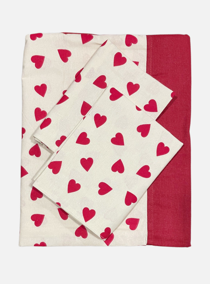 Queen Size Border Bedspread - White  Base Heart Red Border