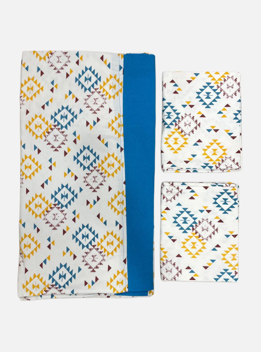 Queen Size Border Bedspread - White Multi Colours Square Box Blue Border