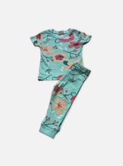 Kids T-Shirt Pant Set - Big Pink floral Aqua Blue
