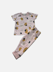 Kids T-Shirt Pant Set - Brown Black Paint Pattern Baby Pink