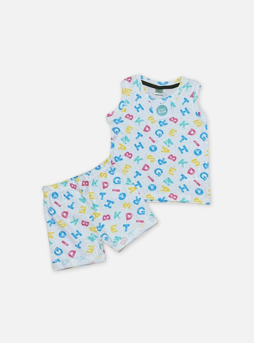 Kids Sleeveless T - Shirt Shorts Set - Alphabets White