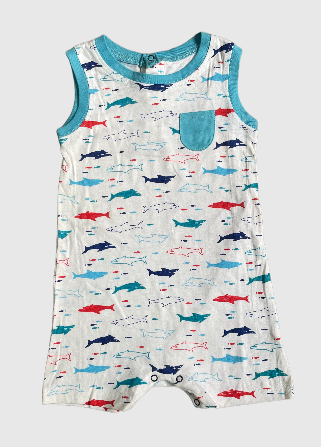 Baby Half Jumpsuit - Sharks Blue Border Sleeveless