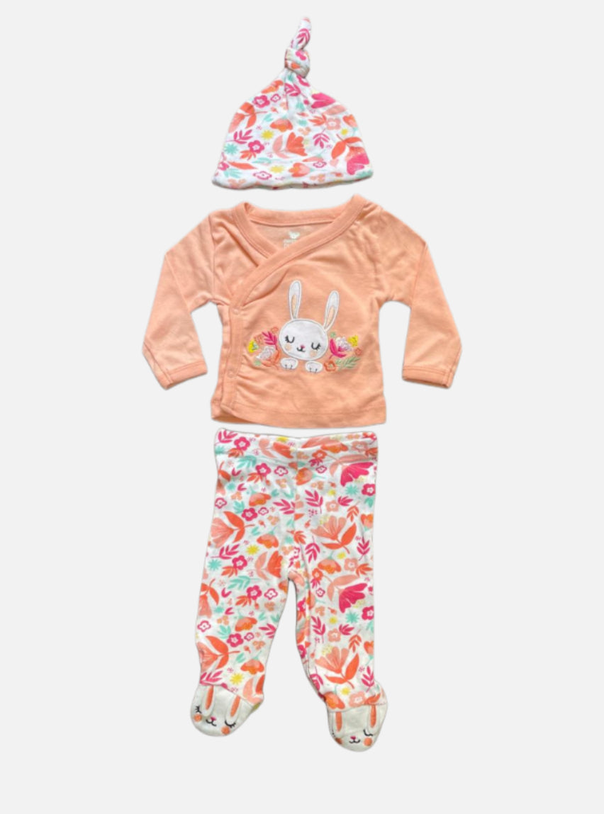 Baby Full Sleeve T-Shirt Cap Pant - Orange Rabbit Flower