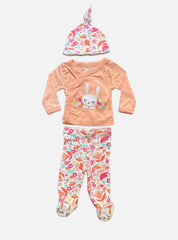 Baby Full Sleeve T-Shirt Cap Pant - Orange Rabbit Flower