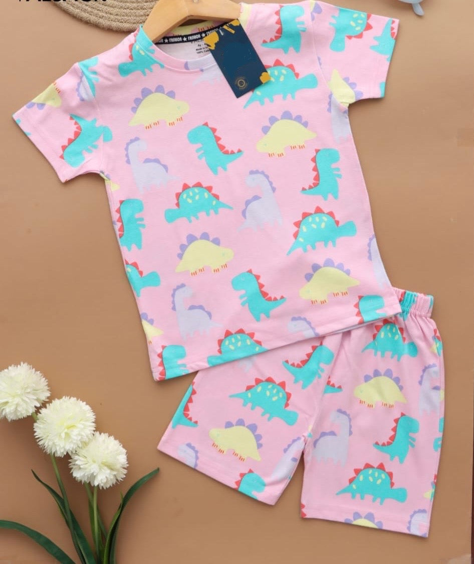 Kids Tee Shorts Set - Dino on Light Pink