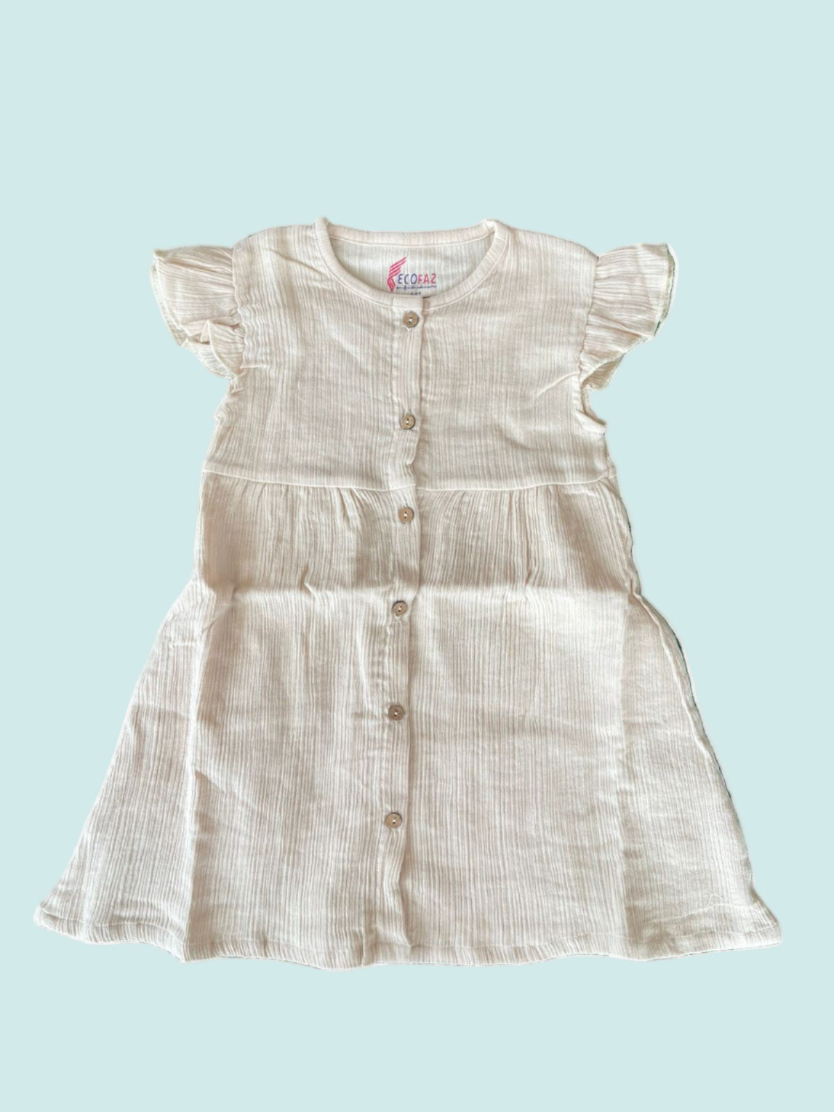 Half sleeve frock- Kids Light Beige / cream Cotton Button