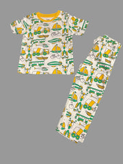 Kids T-Shirt Pant Set - White base Cartoon print