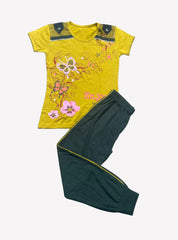 Kids Half Sleeve T - Shirt Pant Set - Yellow Butterfly Pink Flower Enjoy