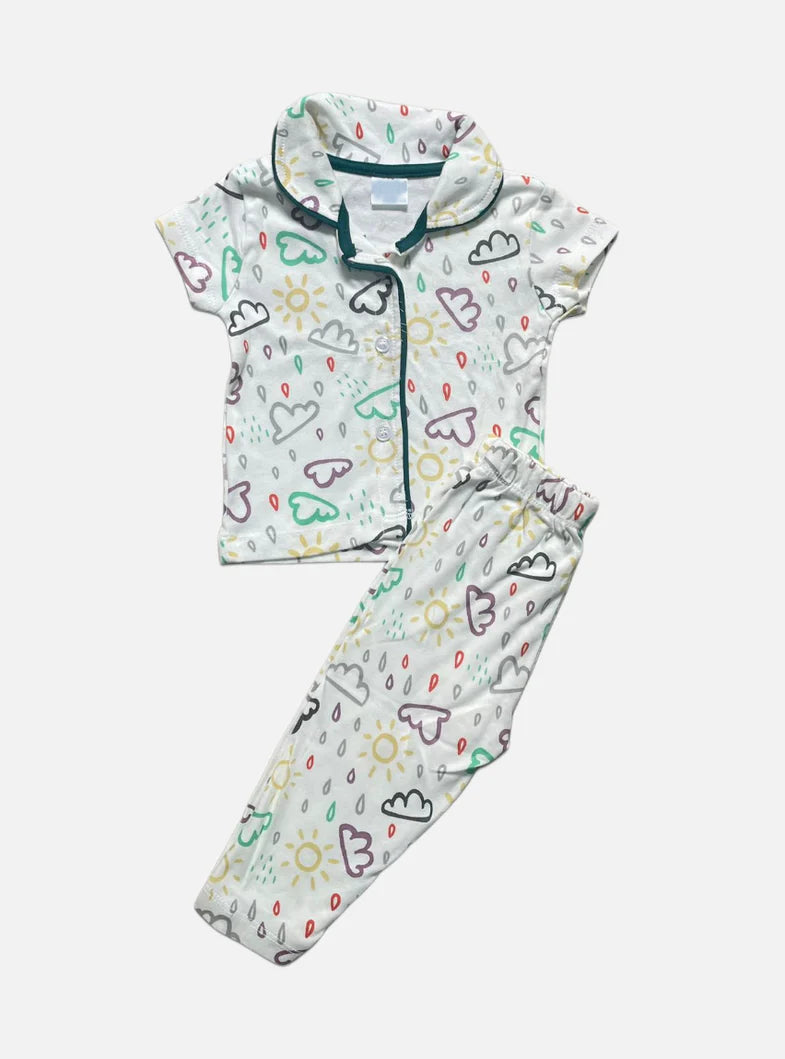 Kids Half Sleeve T - Shirt Pant Set - White Colours Cloud Sun Rain