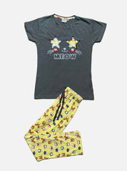 Kids Half Sleeve T - Shirt Pant Set - Black Meow Cat