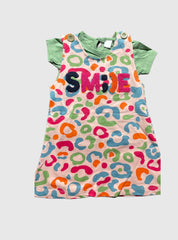 Kids Tee Dungaree Frock Set - Green with Orange