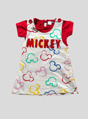 Kids Tee Dungaree Frock Set - Red with White Mickey