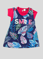 Kids Tee Dungaree Frock Set -  Red with Blue Leaf
