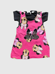 Kids Tee Dungaree Frock Set -  Pink with Block Mickey