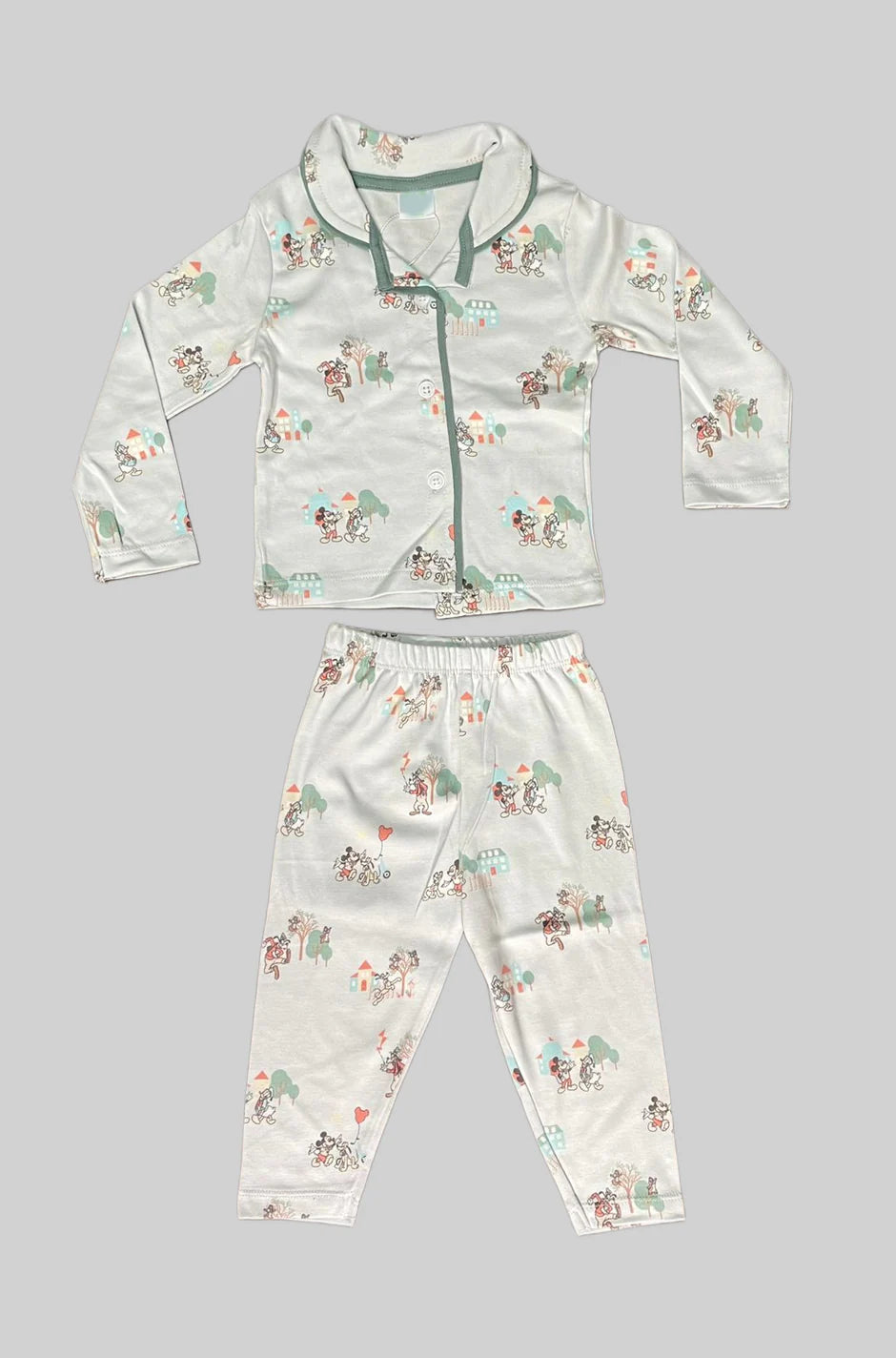 Full Sleeve Night Suit  - Light Green Cartoon