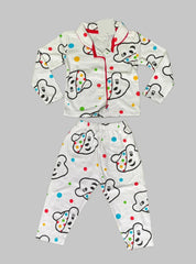 Full Sleeve Night Suit  - White  Base Multi Colour Dots