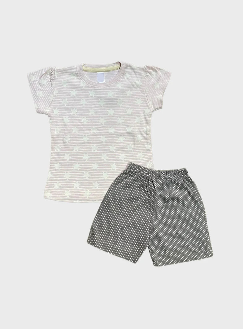 18 - 24 Months Kids T - Shirt & Shorts - Light Pink White Star