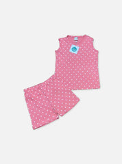 Kids Sleeveless T - Shirt Shorts Set  - White Polka Dots Peach