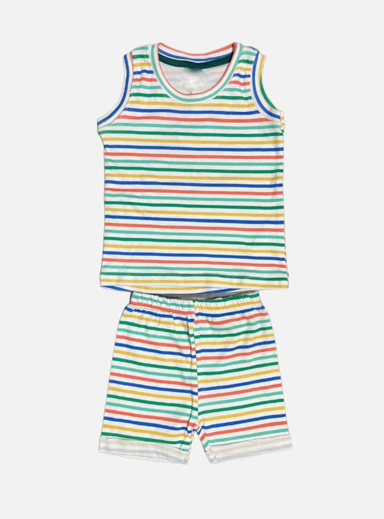 Kids Sleeveless T - Shirt Shorts Set - Multi Colours Stripes