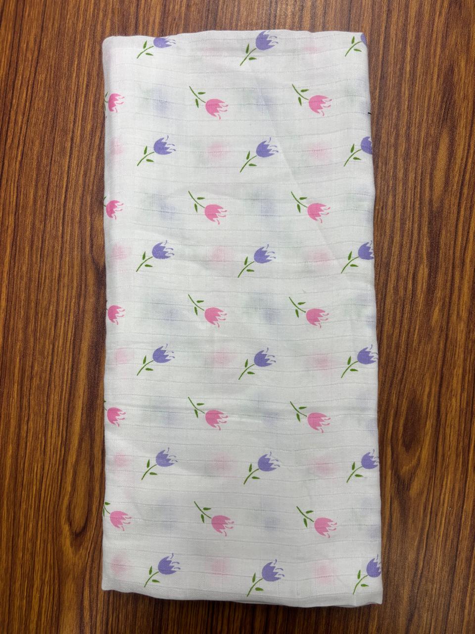 White Base Floral Print Muslin Towel
