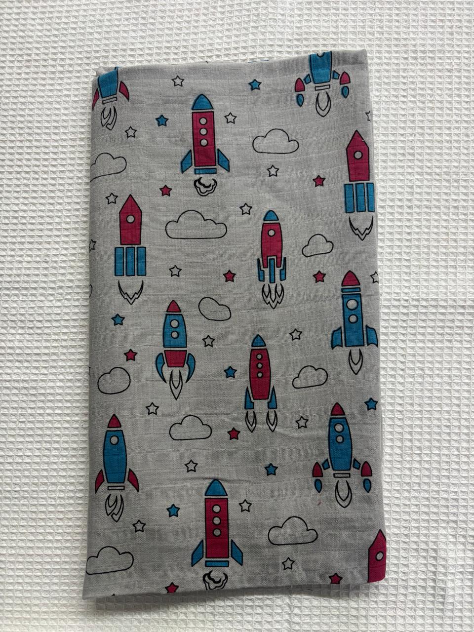 Grey Base Rocket Print Muslin Towel